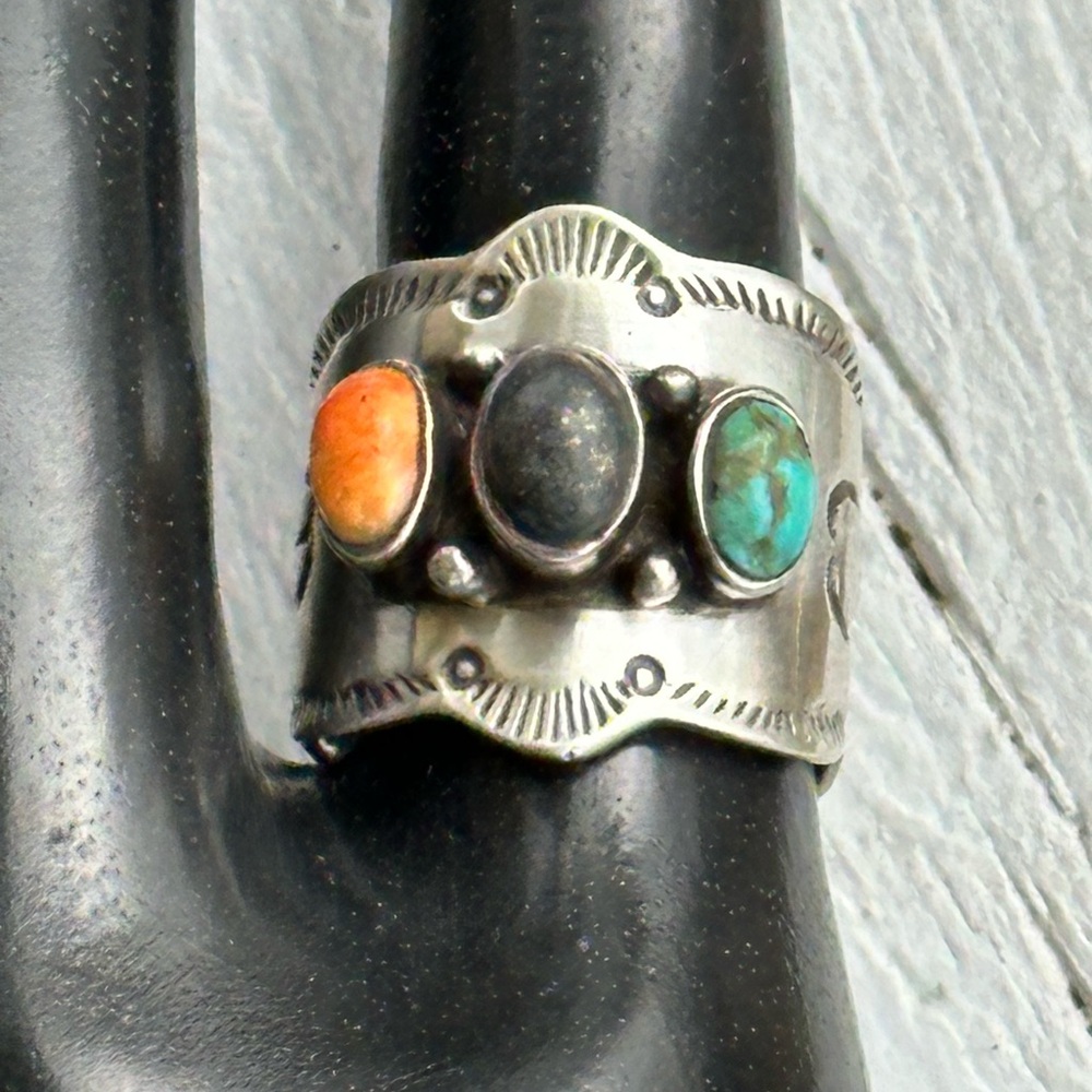 SOLD NATIVE AMERICAN made Sterling Ring with Orange, Black, and Turquoise Stones
